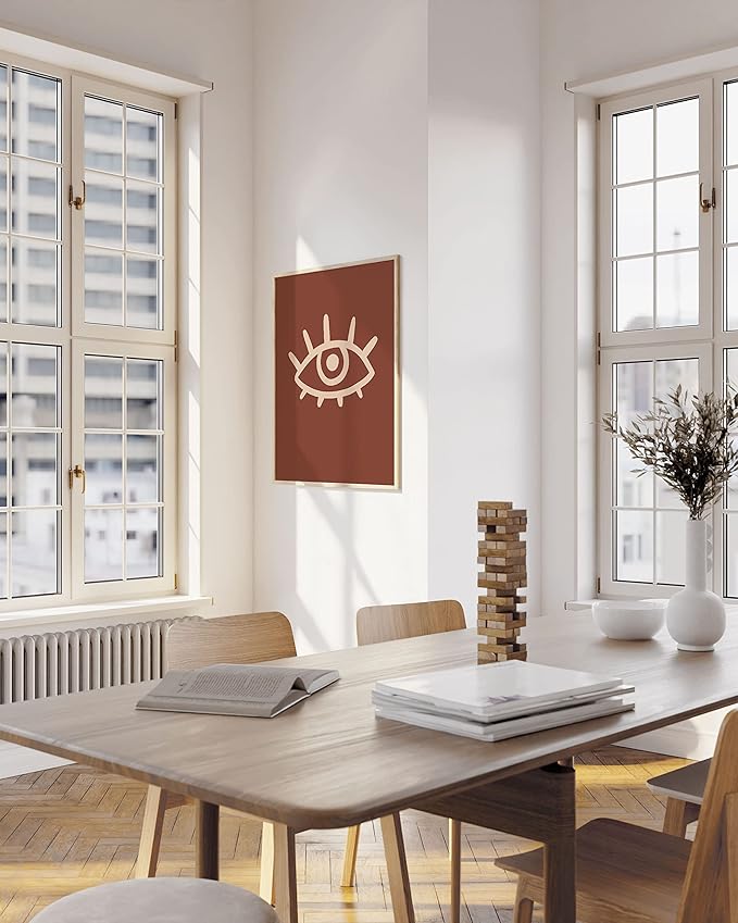 HAUS AND HUES Boho Posters Mid Century Modern Wall Decor - Abstract Art Prints Midcentury Modern Decor Boho Wall Decor Minimalist Dark Clay Eye with Eye Lashes (24x36 Framed Beige)