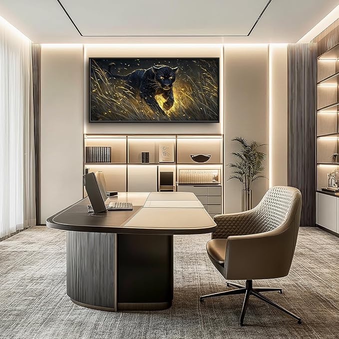 Flintis Large Black Leopard Framed Wall Art Leopard Pictures Wall Decor Abstract Animal Portrait Canvas Painting Print Artworks Decor Framed for Living Room Bathroom Master Bedroom Office 60L X 30W