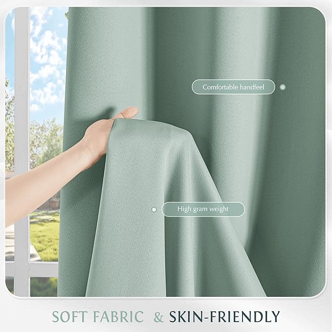 Beauoop 100% Blackout Curtains 63 Inch Long 2 Panels for Bedroom Living Room Seafoam Green Solid Room Darkening Thermal Insulated Soundproof Energy Saving Grommet Top Window Treatment Drapes,52x63