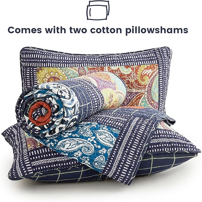 Secgo Queen Comforter Set for Bed - 100% Cotton Quilts Queen Size, Black Bedspreads (90 * 98 Inch) with 2 Pillow Shams, Patchwork Reversible Lightweight Bedding