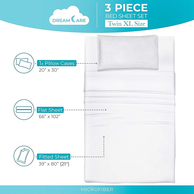 DREAMCARE Twin XL Sheet Sets – 3pcs Cooling Sheets – up to 21” Extra Deep Pocket Twin XL Sheets Set – Hotel Luxury Sheets & Pillowcases – Superior Softness 100% Fine Microfiber with Side Pocket –White
