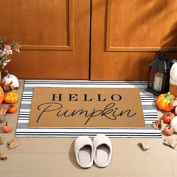 2 Pcs Fall Door Mat Hello Pumpkin Welcome Non Slip Coir Mats Thanksgiving Black White Stripe Harvest Floor Layering Doormats Seasonal for Front Porch Entryway Decor(Hello Pumpkin)