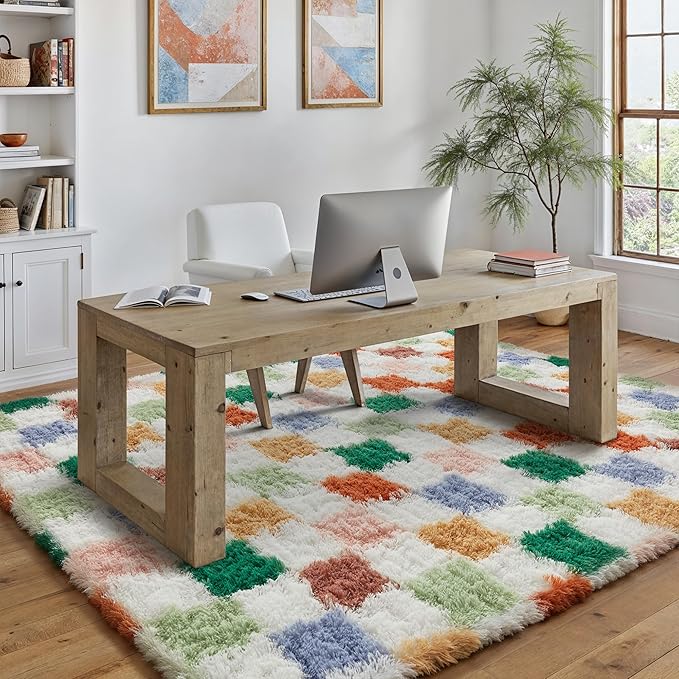Checkered Rug 5x8 for Living Room, Modern Neutral Shag Rug Super Soft Washable Indoor Fuzzy Carpet Non-Slip Fluffy Rugs for Bedroom Home Aesthetic Decor