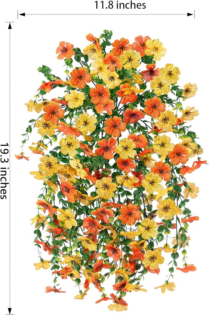 Artificial Flowers for Outdoors Decoration, 2Pcs Fake Hanging Spring Decor, Yellow and Orange Realistic Plants, UV & Fading Resistant Silk Flower for Porch Patio Balcony Planter Yard