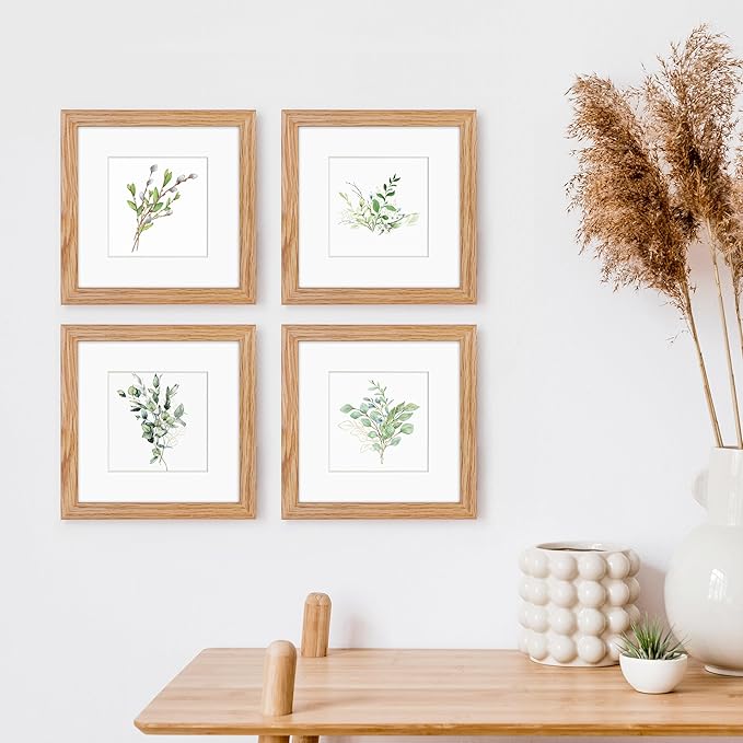 6x6 Picture Frames, Solid White Oak Wood Frame 6 x 6 with Stand for Wall & Tabletop Display, Rustic Wooden Photo Frame 6 by 6 with Real Glass, 6x6 Frame Matted to 4x4, Natural Color, Set of 4