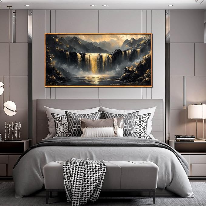 Black Mountain Canvas Wall Art for Bedroom - Gold Waterfall Art Wall Decor for Living Room - Wooden Framed Wall Art for Office Size 29" x 59"