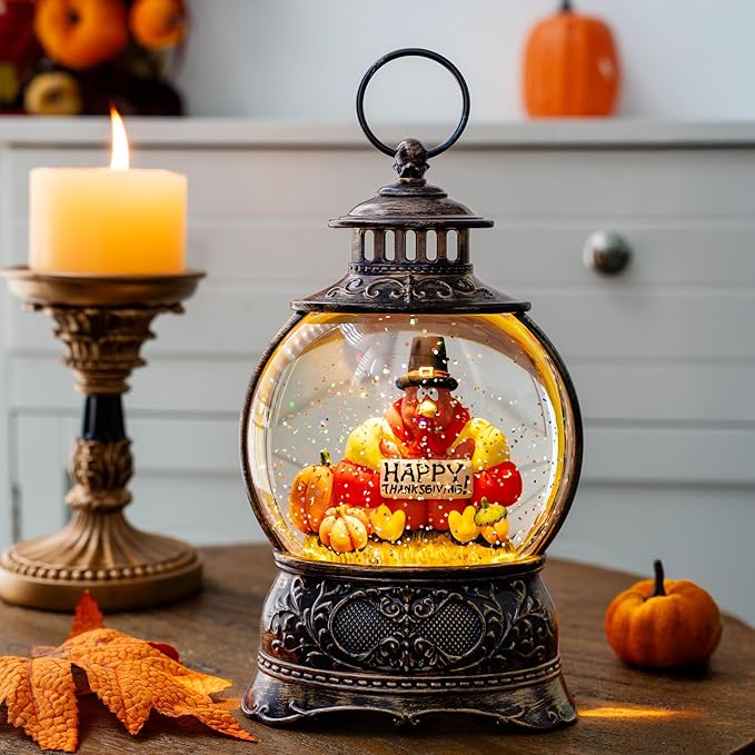 Fall Decor Turkeys Snow Globe Lantern, Thanksgiving Decoration Indoor Tabletop Centerpiece, Swirling Glitter Pumpkins Snow Globe with Turkey, Harvest Day Gifts, Home Fall Halloween Decor