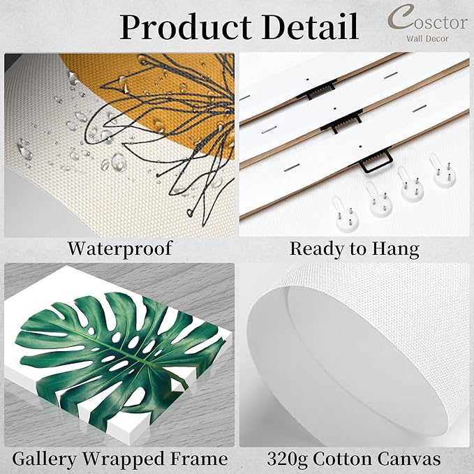 COSCTOR Botanical Wall Art Set of 3 Bathroom Green Plant Tropical leaf Picture Framed Prints for Home Living Room Bedroom Restroom Decoration(Framed,12x16)