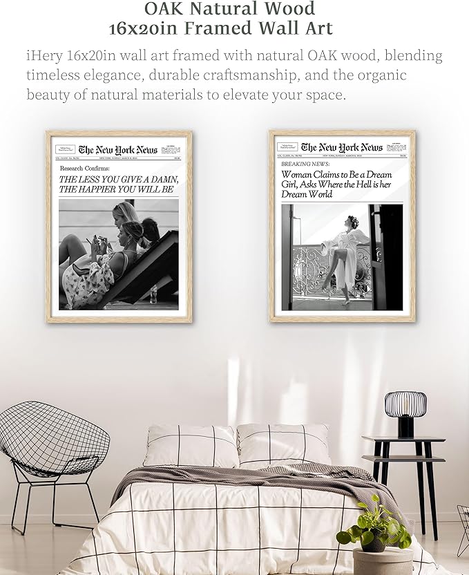iHery Natural OAK Wood Newspaper Trendy Framed Wall Art, Large 16x20 in Vintage Headline Canvas Wall Art, Beige Retro Bedroom Decor, Woman Claims to Be a Dream Girl, Living Room Apartment Set of 1