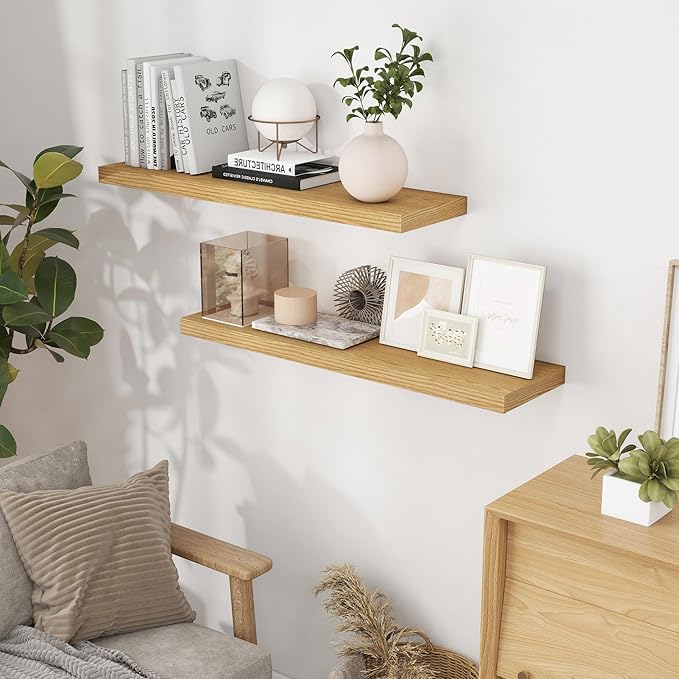 40 Inch Floating Shelvese, 40" W x 9.3" D Floating Shelf Set of 2, Farmhouse Wood Wall Shelves for Bedroom, Kitchen, Wall Mounted Deep Shelving for Home Decor, Oak Color