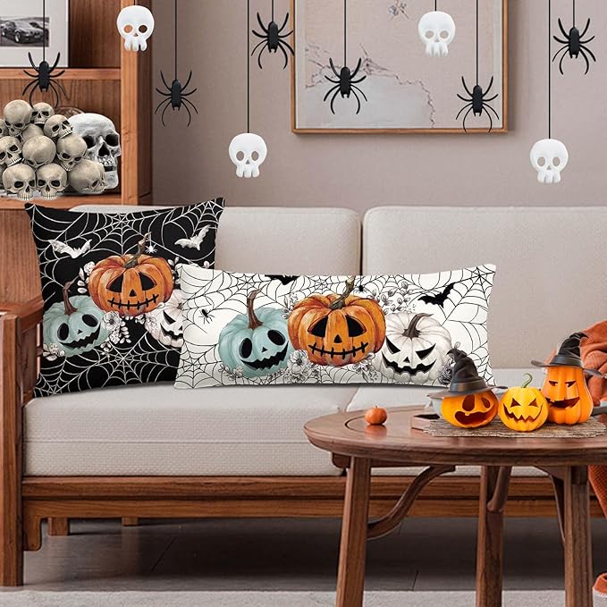 Baccessor Halloween Pillow Cover 14x36 Inch, Pumpkins Bats Spider Web Long Pillow Case Halloween Decor for Cushion Sofa Couch Indoor Outdoor Decoration 1 Piece