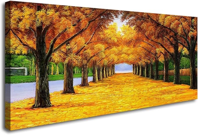 XXMWallArt FC2150 Wall Art Golden Autumn Scene Canvas Prints Painting Gold Tree Paintings Pictures Framed for Living Room Bedroom Kitchen Home and Office Wall Decor