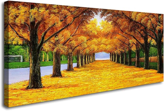 XXMWallArt FC2150 Wall Art Golden Autumn Scene Canvas Prints Painting Gold Tree Paintings Pictures Framed for Living Room Bedroom Kitchen Home and Office Wall Decor