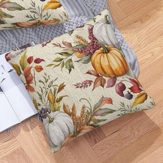Fall Pumpkin Pillow Covers 16x16 inch Set of 2, Linen Autumn Outdoor Thanksgiving Harvest Leaves Rustic Farmhouse Decorations for Sofa Couch