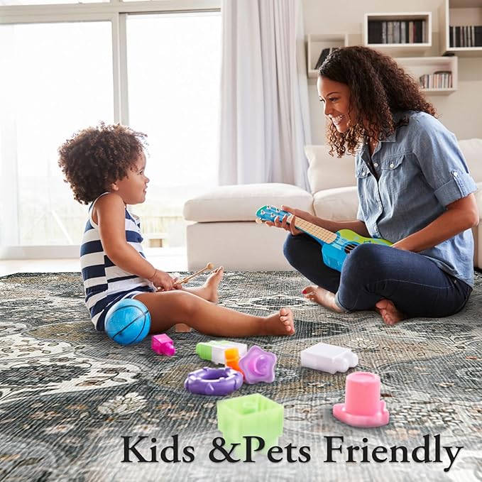 Lahome Moroccan Washable Living Room Rug, 5x8 Rugs for Bedroom Dining Room, Soft Non-Slip Non Shedding Boho Distressed Throw Carpet for Nursery Office, Grey