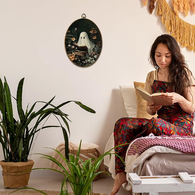 Mcehtle Moody Ghosts Botanic Wall Art Decor, Halloween Cottagecore Dark Academia Framed Canvas Prints 8.6x11.4, Ghost Reading Round Wall Hanging Artwork Decorations for Bedroom Gallery