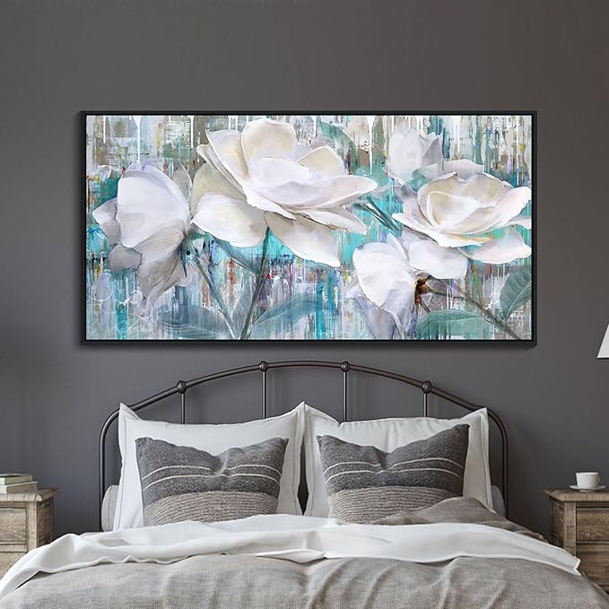 Large Flower Pictures Wall Art White Floral Modern Painting Wall Decor for Living Room Framed Artwork for Walls Bedroom Wall Decor Above Bed 20×40IN