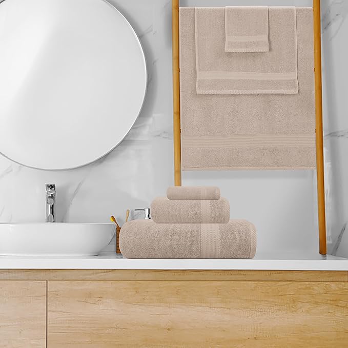 GLAMBURG Ultra Soft 8-Piece Towel Set - 100% Pure Ringspun Cotton, Contains 2 Oversized Bath Towels 27x54, 2 Hand Towels 16x28, 4 Wash Cloths 13x13 - Ideal for Everyday use, Hotel & Spa - Tan
