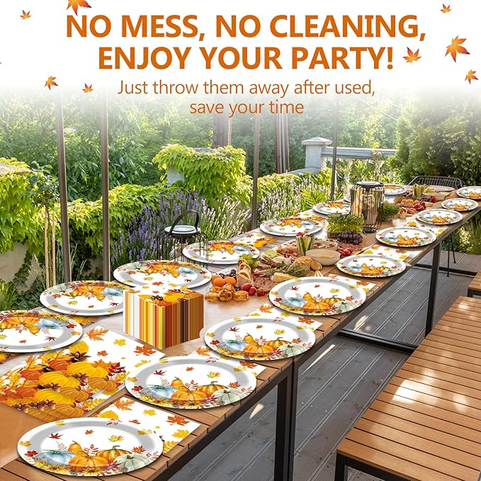 Fall Thanksgiving Party Oval Paper Plates 11inch Large Watercolor Maple Leaves Plates and Napkins, Pumpkin Party Decoration Favor Dish Tray for Autumn Holiday Gathering Supplies Tableware, 25 Guest