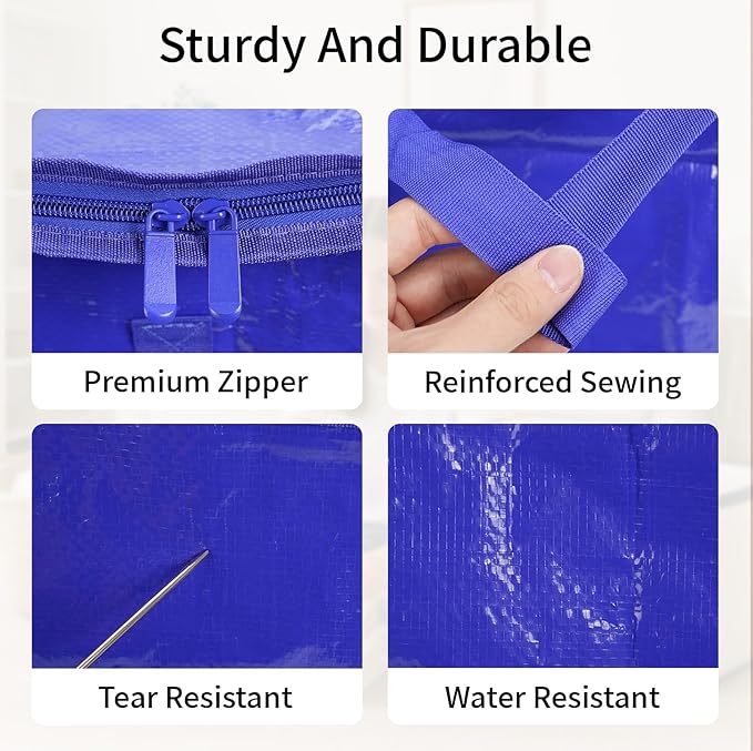 4 Pack-Extra Large Heavy Duty Moving Bags - Waterproof Storage Totes with Handles & Zippers, Foldable for College Dorm, Storage (Blue)