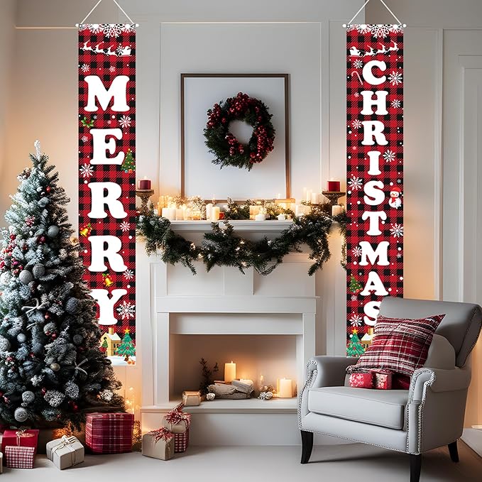 Christmas Decorations Red Black Buffalo Plaid Banner Xmas Porch Door Sign Welcome Banner for Wall Home Party Decor Merry Christmas Decorations Indoor Outdoor