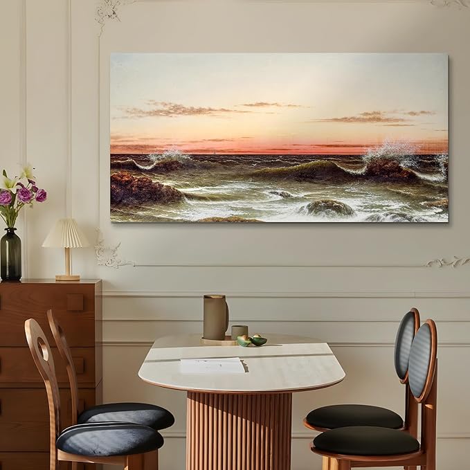 crmotu Large Wall Art for Living Room, Ocean Sunset Vintage Decor Painting, Coastal Landscape Canvas Art Prints, Retro Nautical Scenic Artwork, Beach Wave Pictures Wall Decor Bedroom Office 30"X60"