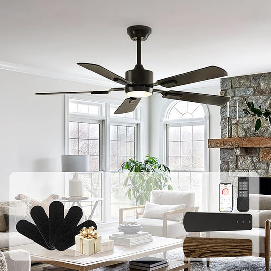 CubiCubi Ceiling Fans with Lights - 52 inch Black Ceiling Fan with Light and Remote/APP, Dimmable, Super Quiet, Modern Ceiling Fan for Indoor Bedroom, Living Room, Kitchen