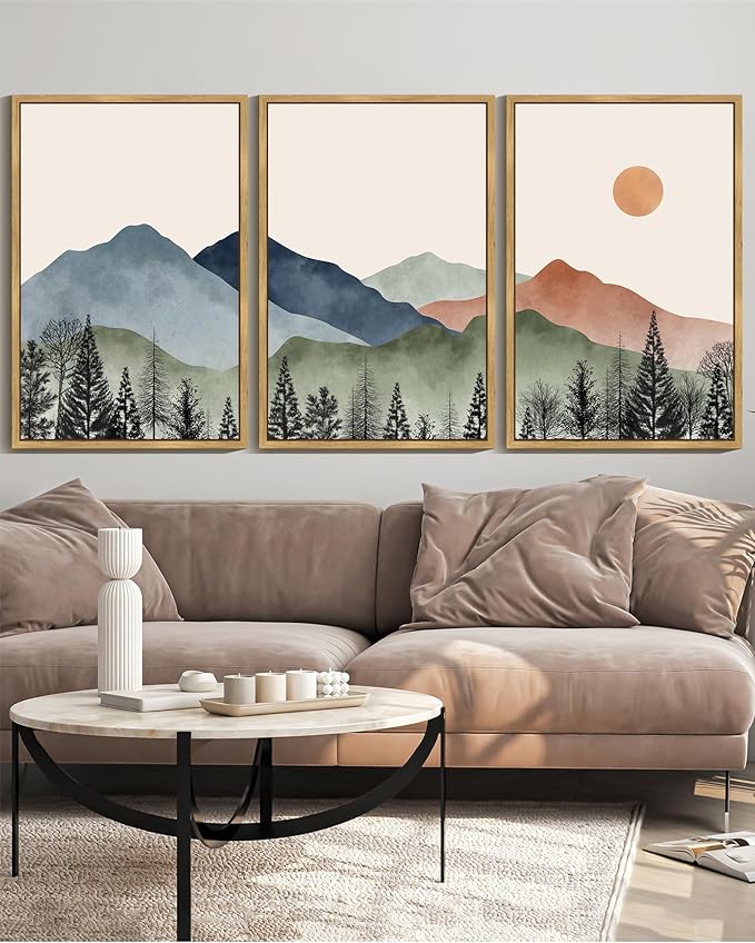 KUVIOKE Mountain Landscape Framed Wall Decor Boho Sun Rise Watercolor Nature Art Prints Farmhouse Rustic Bedroom Dining Living Room Decor 24x36in (Natural Framed)