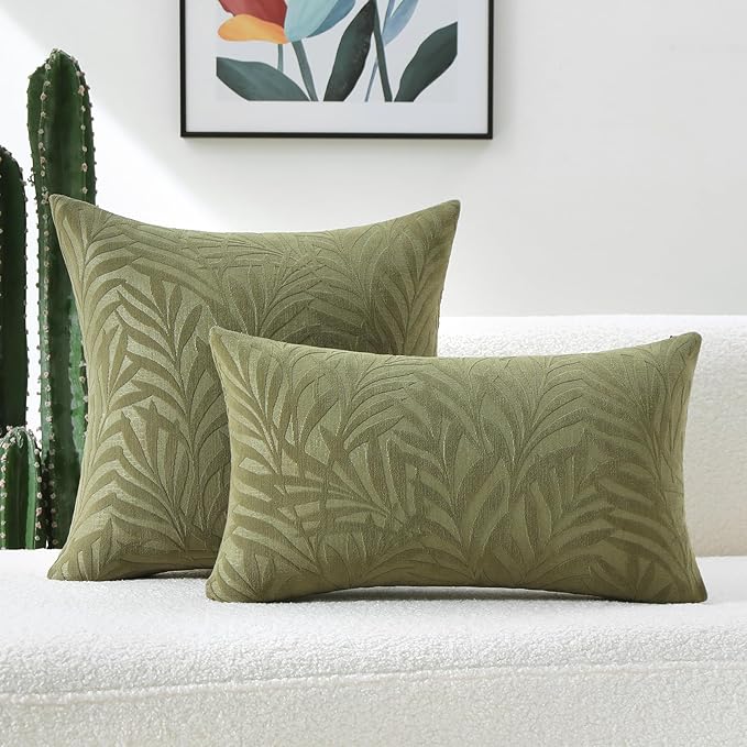 FUTEI Olive Green Decorative Throw Pillow Covers 16x16 Inch Set of 2,Soft Chenille Phoenix Tail Leaf Textured Cushion Case,Modern Home Decor for Couch Bed Living Room