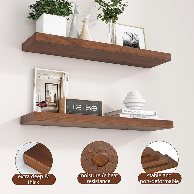 fuqing 30 Inch Floating Shelves for Wall, Rustic Wood Floating Shelves for Wall Set of 2, 30'' Long Wooden Wall Shelves for Living Room Bedroom Bathroom Home Office - Walnut