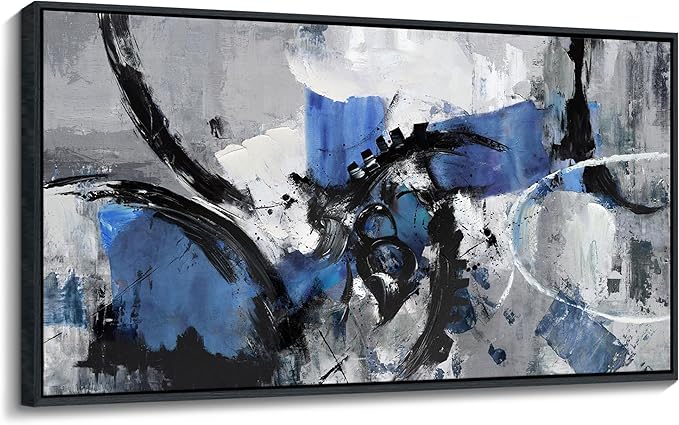 Blue Abstract Canvas Wall Art: Large Wall Art Paintings for Living Room, Modern, Framed Artwork in Blue and Black -Bedroom, and Office Decorations for Work - Gray Pictures for bedroom Wall Decor