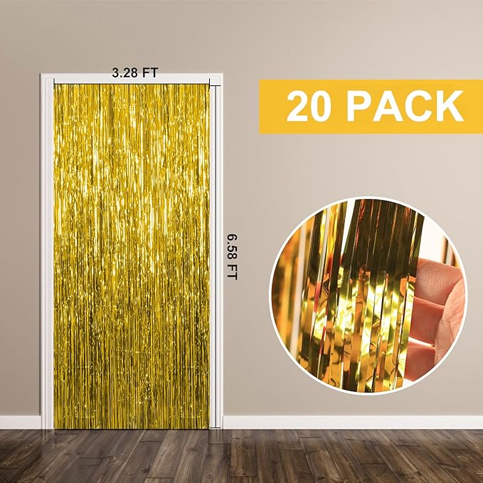 20 Pack Foil Curtain Backdrop Gold Metallic Tinsel Foil Fringe Curtains Photo Booth Props for Birthday Wedding Engagement Baby Shower Bachelorette Christmas Holiday Celebration Party Decorations