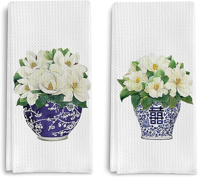 Chinoiserie Vase Kitchen Tea Towel Set of 2 - Floral Dish Towels, Vintage Kitchen Towels, Waffle Weave Hand Towels 16 X 24 Inch