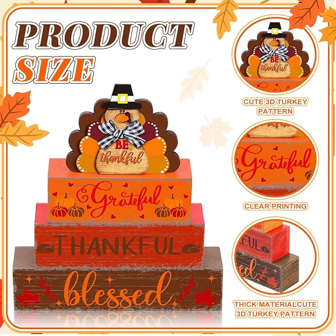 Geelin 4 Pcs Fall Turkey Table Decorations Thanksgiving Turkey Wooden Signs Rustic Harvest Tiered Tray Decor Tabletop Centerpieces Farmhouse Decor for Home Desk Room Kitchen Shelf