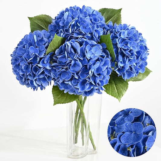 Artflower 4Pcs Real Touch Hydrangea Artificial Flowers, 22.5'' Dark Blue Full Latex Faux Hydrangea Flowers for Home Floral Arrangements Wedding Bouquets Kitchen Table Centerpiece Decorations
