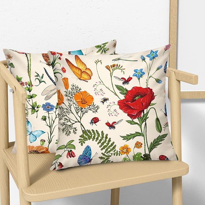 COMMINY Red Pink Flower Pillow Cover 18x18 Set of 6 Summer Throw Pillow Covers Colorful Floral Cushion Covers for Couch Sofa Living Room Home Decor