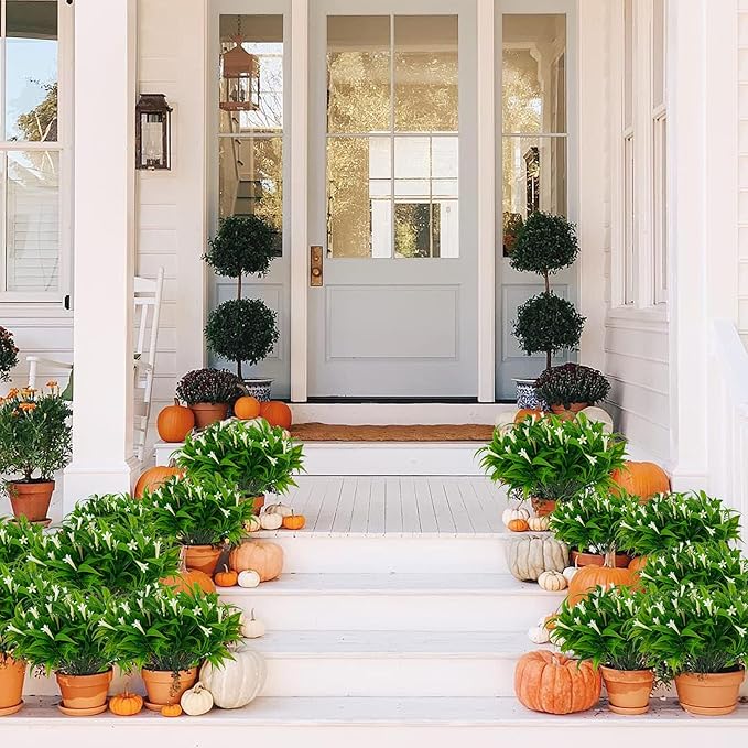 Uieke 6Pcs Outdoor Artificial Plants UV Resistant Fake Morning Glory Plastic Plants Shrubs Greenery Foliage for Hanging Planter Garden Patio Sidewalk Décor White