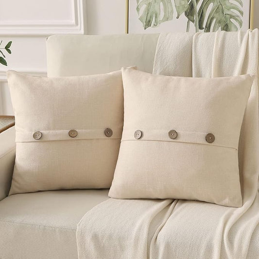 HAUSSY Beige Linen Decorative Throw Pillow Covers 22x22 Inch Set of 2,Square Cushion Case with 3 Vintage Buttons,Modern Farmhouse Home Decor for Couch,Bed