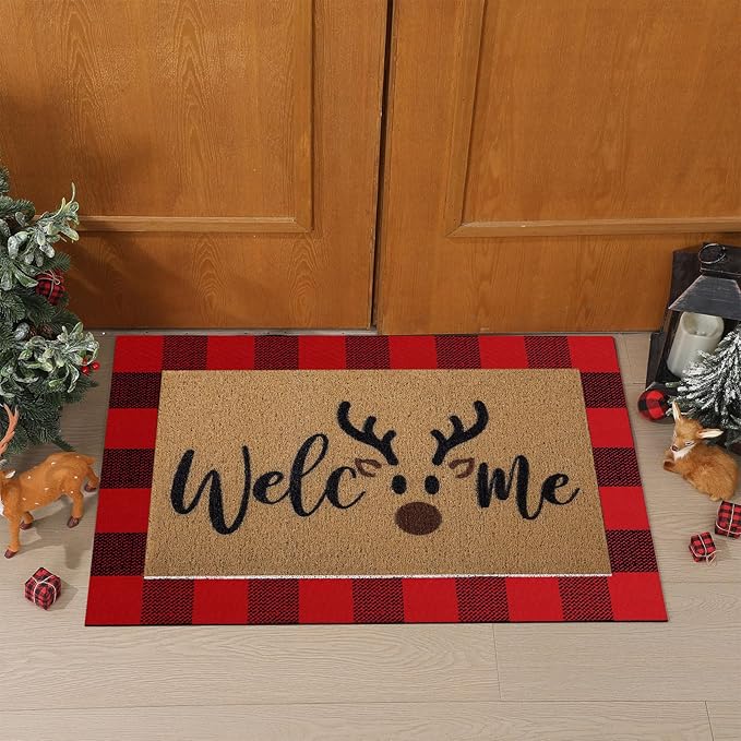 2 Pcs Christmas Door Mat Brown Elk Welcome Non Slip Coir Mats Merry Xmas Black Red Buffalo Plaid Floor Layering Doormats Seasonal for Front Porch Entryway Decor(Brown Elk)