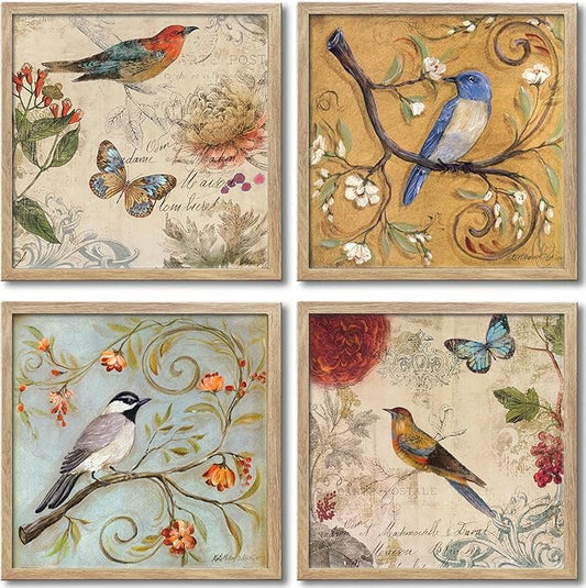 Large Framed Flowers Birds Canvas Wall Art for Bedroom Floral Wall Decor Butterfly Picture Artwork Vintage Prints Paintings for Living Room Bathroom Kitchen Decorations 16"x16"