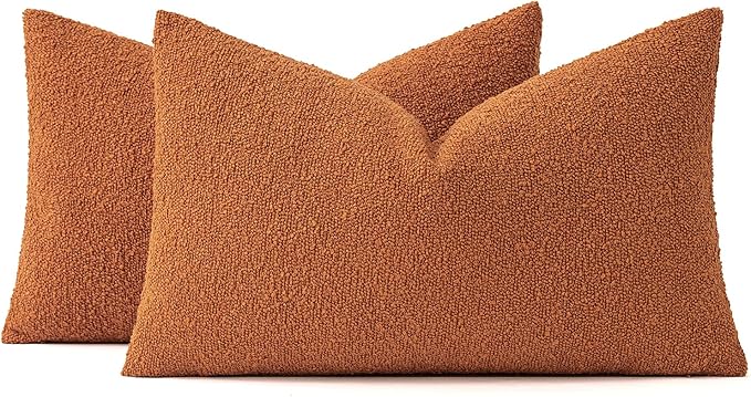MIULEE Fall 12x20 Inch Decorative Lumbar Throw Pillows for Bed Set of 2 Textured Boucle Neutral Throw Pillow Covers Orange Accent Solid Pillowcase Cozy Soft Sofa Livingroom Home Decor