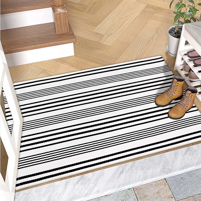 OJIA Fall Front Door Mats Outdoor 24"x35", Cotton Woven Halloween Doormat Front Door Rug Washable Indoor Door Mat Black and White Outdoor Rugs Striped Rug for Porch Decor/Farmhouse/Entryway