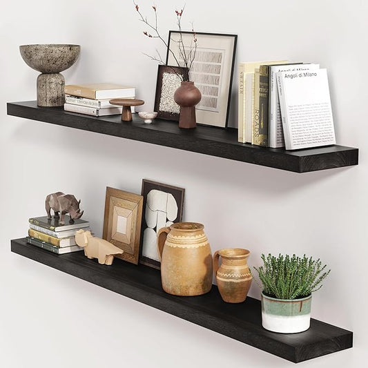 Black Floating Shelves 48 Inch, Solid Wood Wall Mounted Shelves Set of 2, Extra Long Modern Floating Shelves for Wall Decor & Storage, Shelves for Bathroom Bedroom Kitchen Living Room - Black