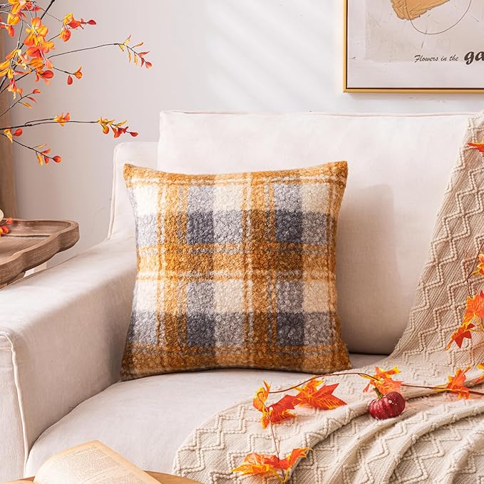 Yellow Plaid Fall Throw Pillow Covers 20x20 Inch Set of 2, Boucle Decorative Pillow Covers,Cozy Fluffy Home Living Room Farmhouse Decor for Sofa Couch Bed