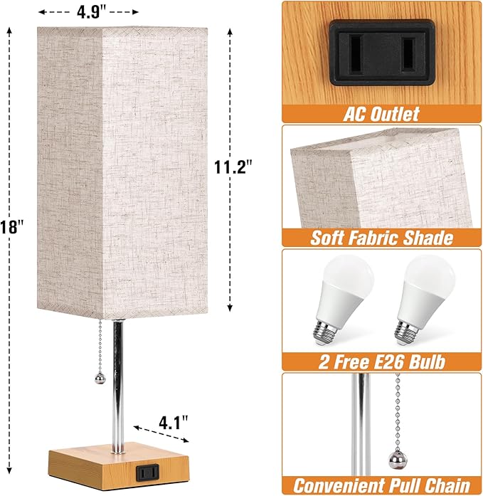 Table Lamp for Bedroom Set of 2, Bedside Lamps with 3 Color Temperatures Night Light, Lamp for Night Stands with AC Outlet and Square Shade, Pull Chain Small Desk Lamp for Living Room Home Decor