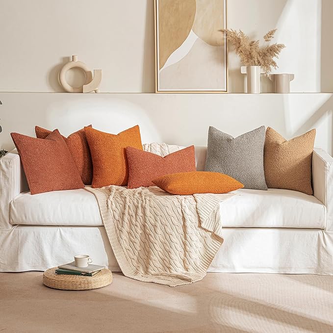 MIULEE Fall 18x18 Inch Decorative Pillow Covers for Couch Bed Set of 2 Textured Boucle Neutral Throw Pillows Rust Accent Solid Cushion Pillowcase Cozy Soft Sofa Livingroom Home Decor