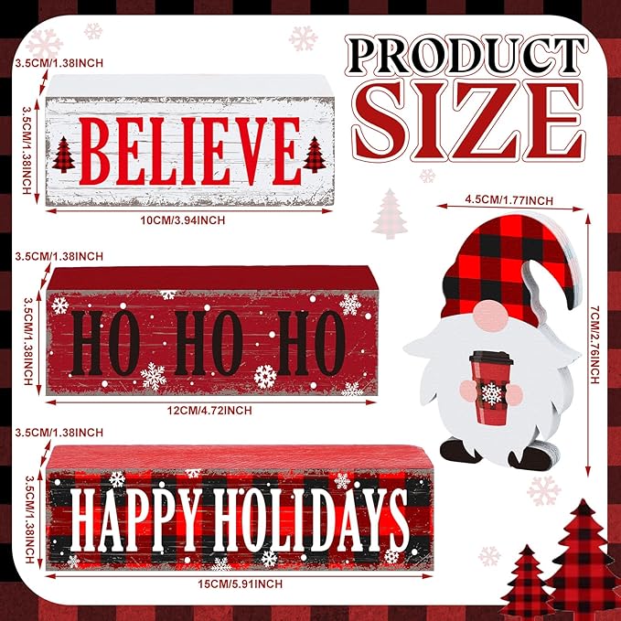 Geelin 4 Pcs Christmas Wooden Table Decorations Xmas Red and White Buffalo Plaid Signs Rustic Happy Holiday Tiered Tray Decor Xmas Gnome Tabletop Centerpieces for Home Desk Room Kitchen Shelf