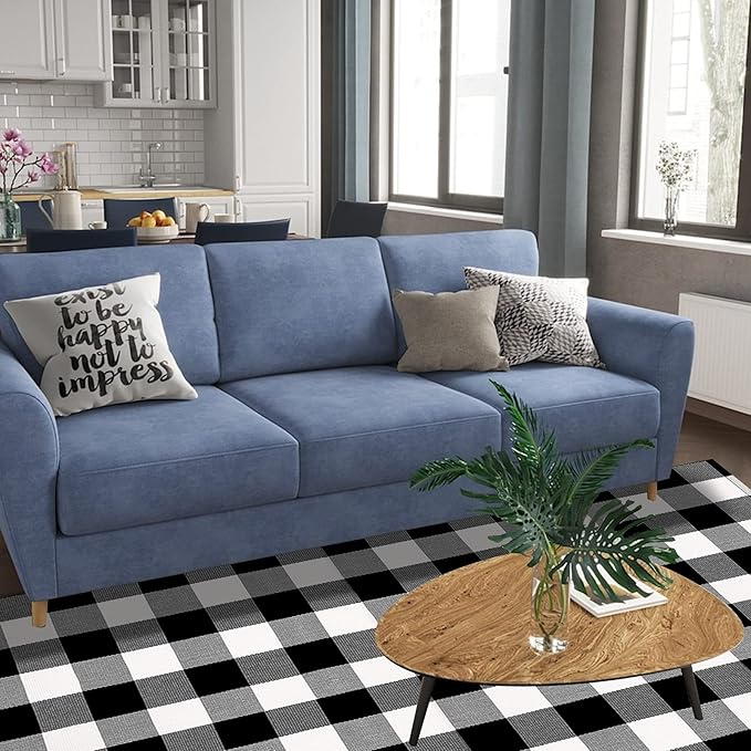 SEEKSEE Cotton Buffalo Plaid Rug 4'x6' Black and White Checked Washable Doormats Indoor Outdoor Rugs Cotton Boho Bedroom Rug for Kitchen Farmhouse Living Room