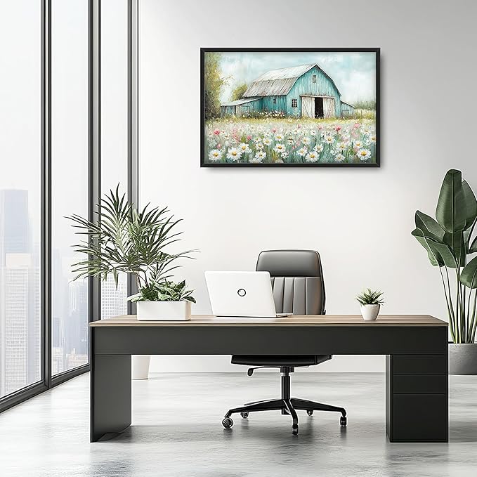 Farm Barn Large Wall Art for Living Room Framed, Farmhouse Wall Decor Pictures, Teal Barn Canvas Print Painting, Aesthetic Artwork Bedroom Office Home Decor 36"x24"