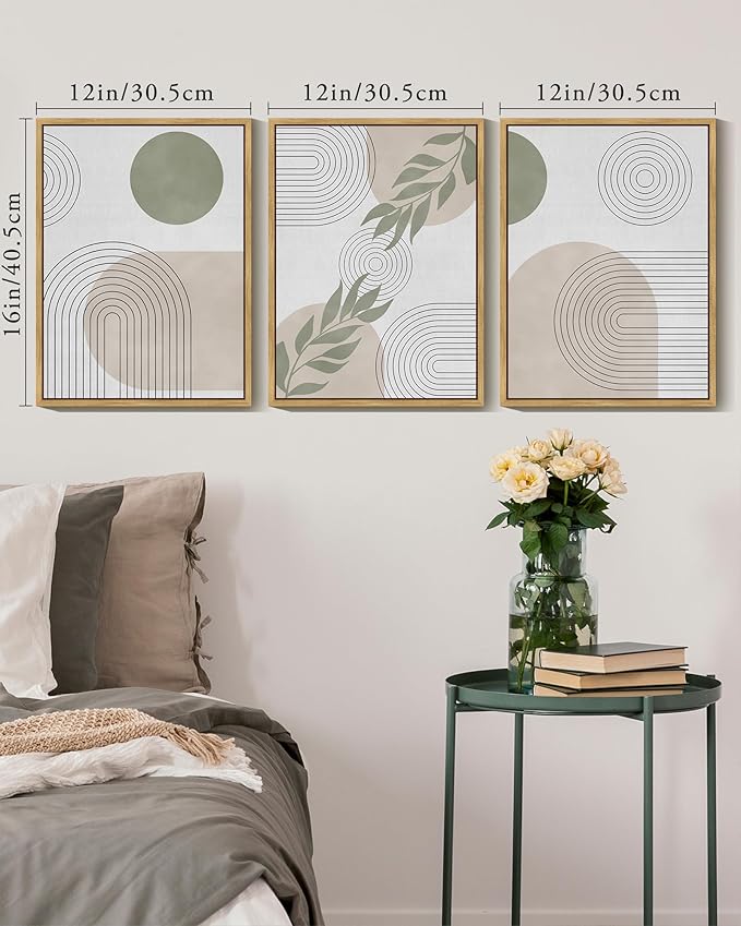 KUVIOKE Green Boho Framed Wall Art Modern Botanical Wall Printing Neutral Geometric Bohemain Sage Decor Ready to Hang 12x16in (Natural Framed)